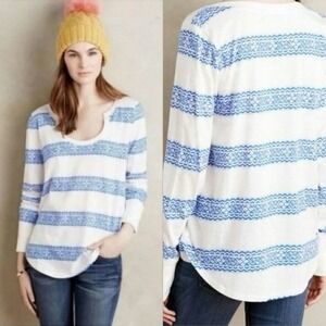 Anthropologie Little Yellow Button Womens Farrier Stripe Top Sz Large Blue White